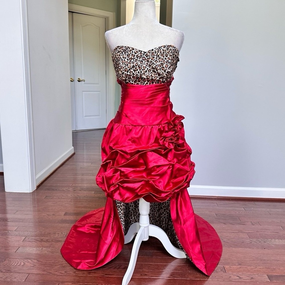 Vintage Fiesta Red Satin Leopard High Low Detachable Skirt Gown Dress XXL